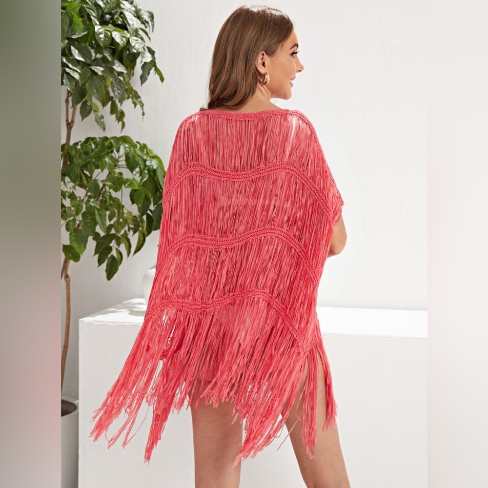 NWT Fringe Crochet Salmon Pink Swim Beach Kimono - Picture 3 of 9